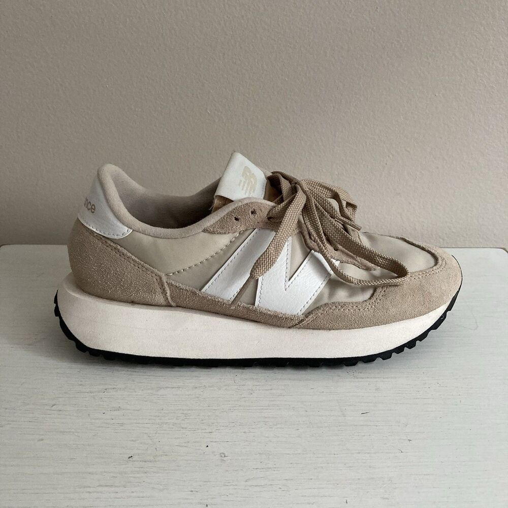 New Balance Beige and White Retro Athletic Sneakers - Picture 5 of 10
